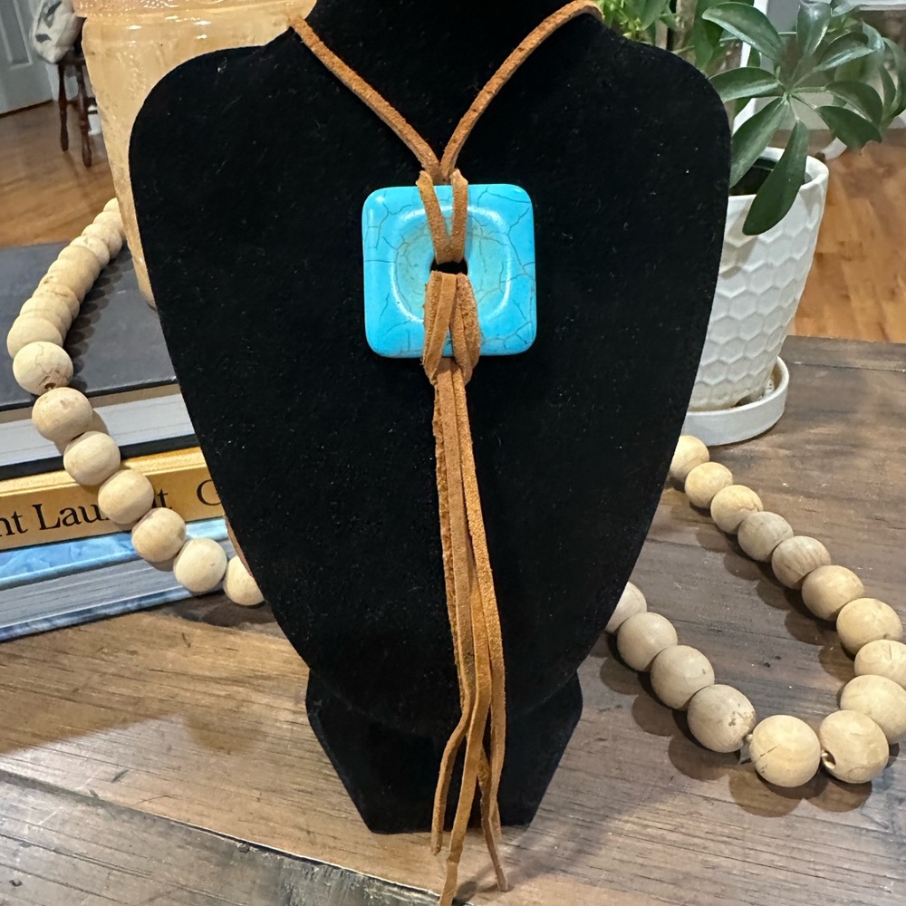 Native Suede Necklace with Stone Pendant on 28” Suede Cord with Fringe